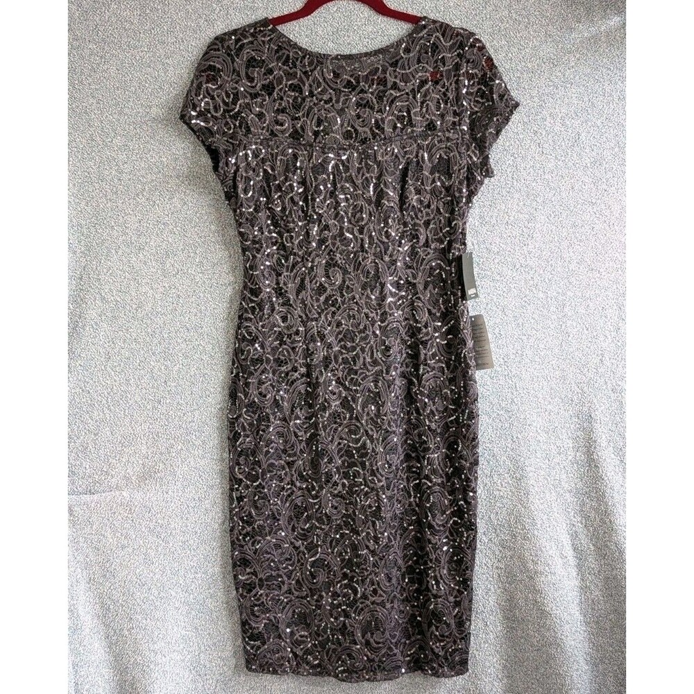 Marina Women's Size Med Gunmetal Sequin Lace Cap Sleeve Sheath Cocktail Dress